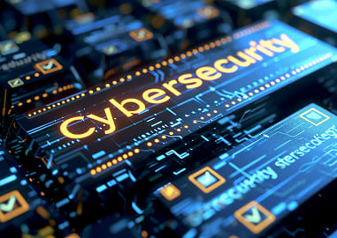 Cyfrowa grafika z napisem „Cybersecurity” otoczonym elementami technologii i układów elektronicznych.