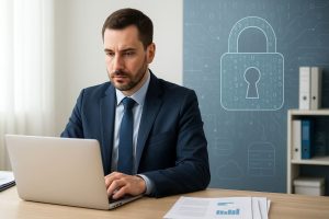 Mężczyzna w garniturze pracuje przy laptopie, w tle grafika kłódki symbolizująca bezpieczeństwo danych.