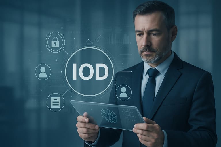 Mężczyzna w garniturze analizuje dane na tablecie, w tle napis „IOD” i ikony ochrony danych.