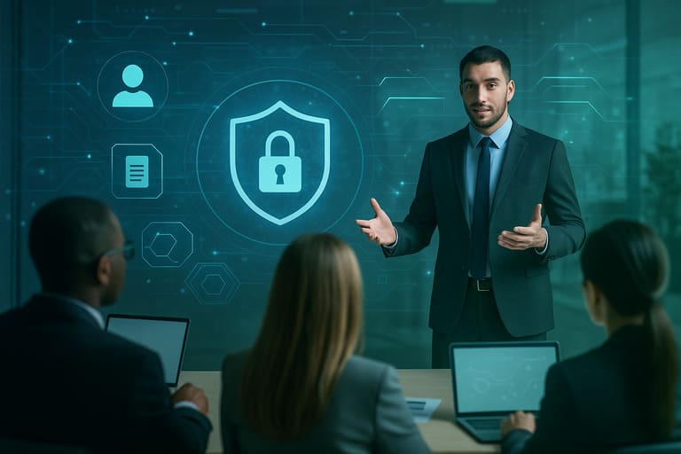 Prelegent omawia temat cyberbezpieczeństwa przy ekranie z ikoną kłódki i symbolami ochrony danych, uczestnicy słuchają z laptopami.