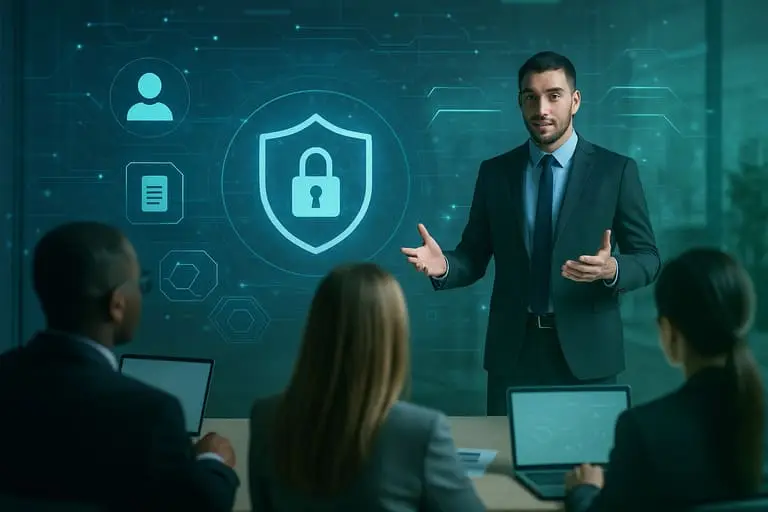 Prelegent omawia temat cyberbezpieczeństwa przy ekranie z ikoną kłódki i symbolami ochrony danych, uczestnicy słuchają z laptopami.