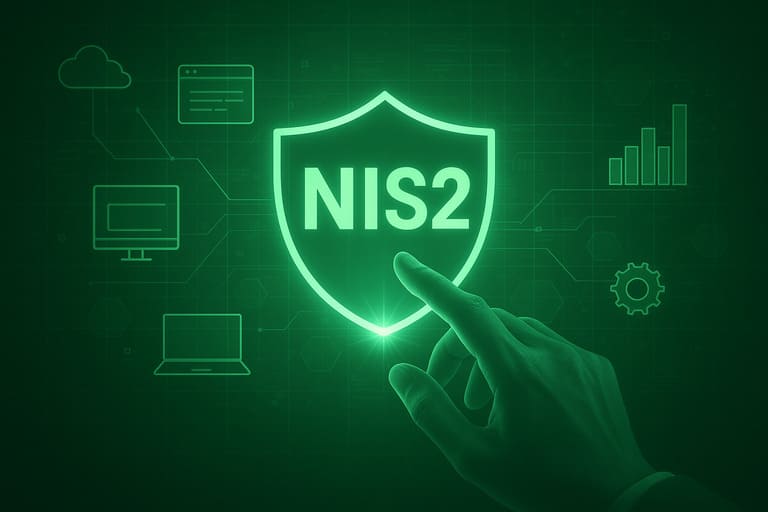 Ręka wskazuje na tarczę z napisem „NIS2” otoczoną ikonami technologii i sieci komputerowej.