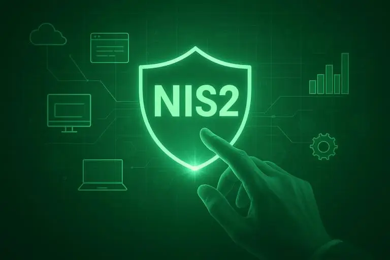 Ręka wskazuje na tarczę z napisem „NIS2” otoczoną ikonami technologii i sieci komputerowej.