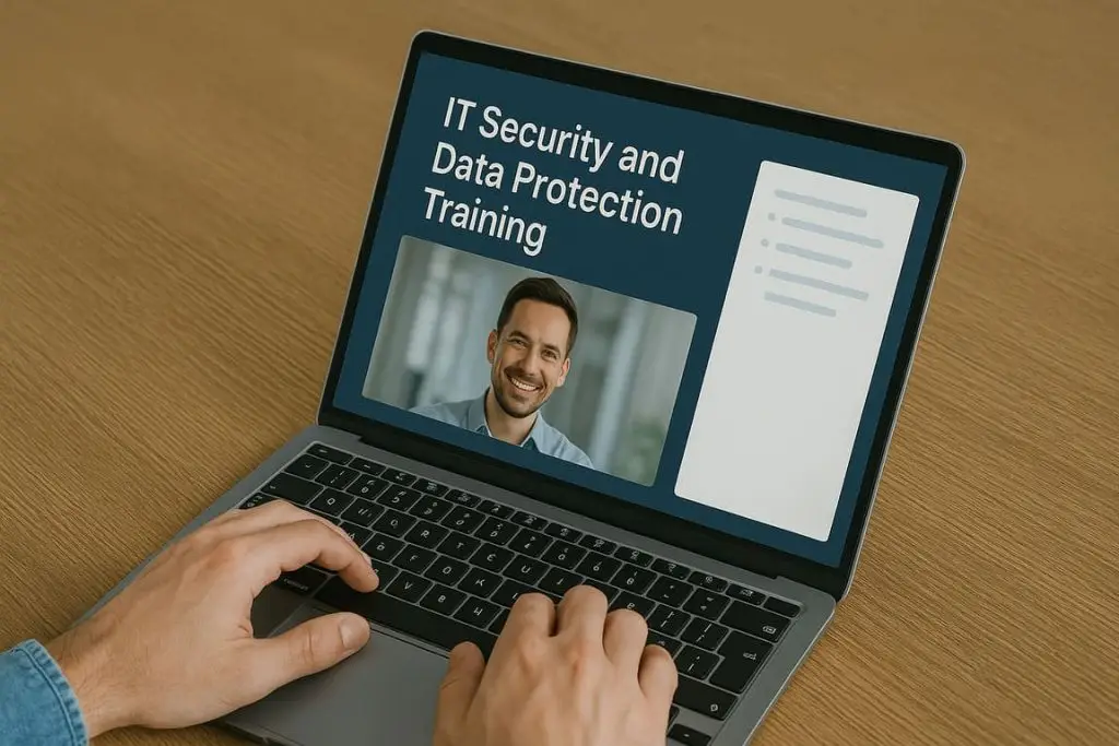 Laptop z otwartym szkoleniem online „IT Security and Data Protection Training” i zdjęciem prowadzącego.