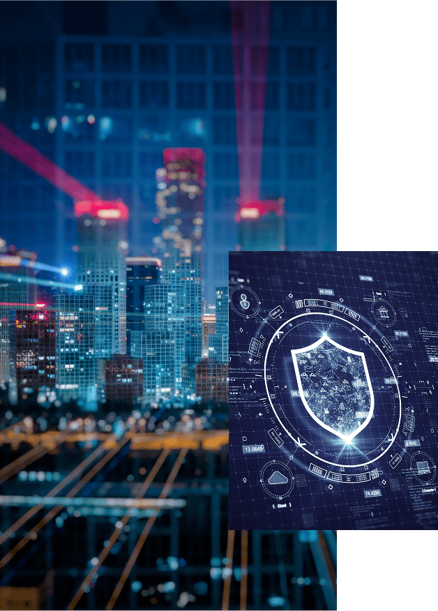 Widok miasta nocą z cyfrową tarczą symbolizującą cyberbezpieczeństwo i ochronę danych.