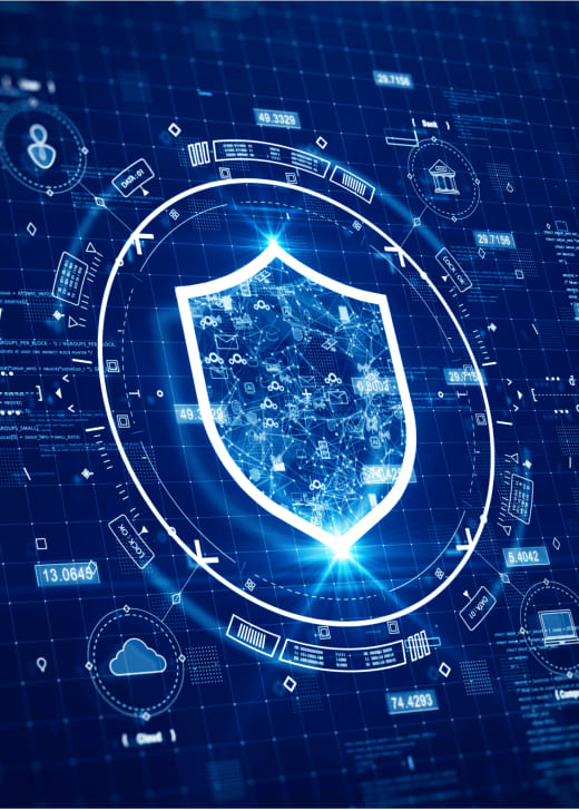 Cyfrowa tarcza na tle sieci symbolizująca cyberbezpieczeństwo i ochronę danych.